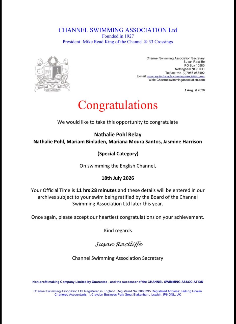 English Channel Relay Swim official certificate